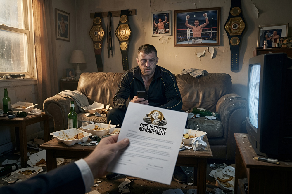 A retired fighter sitting alone in a cluttered living room, a contract held out toward him
