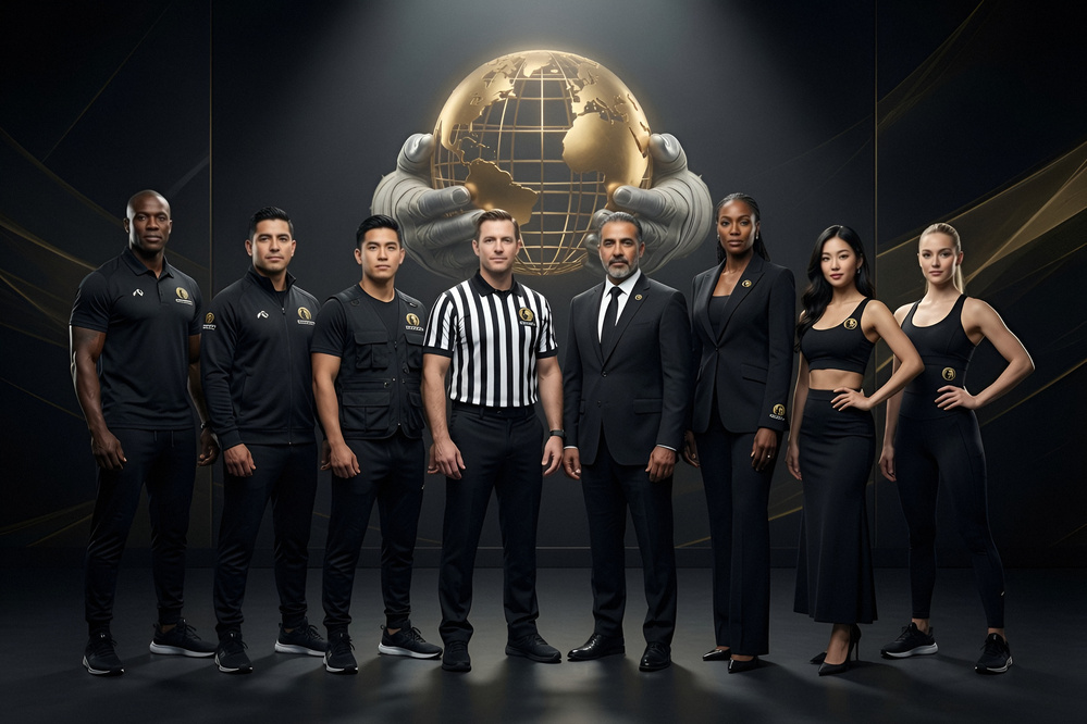 Trainers, cornermen, a referee, judges, ring announcer, ring girls and dancers standing together in Fight To Survive black